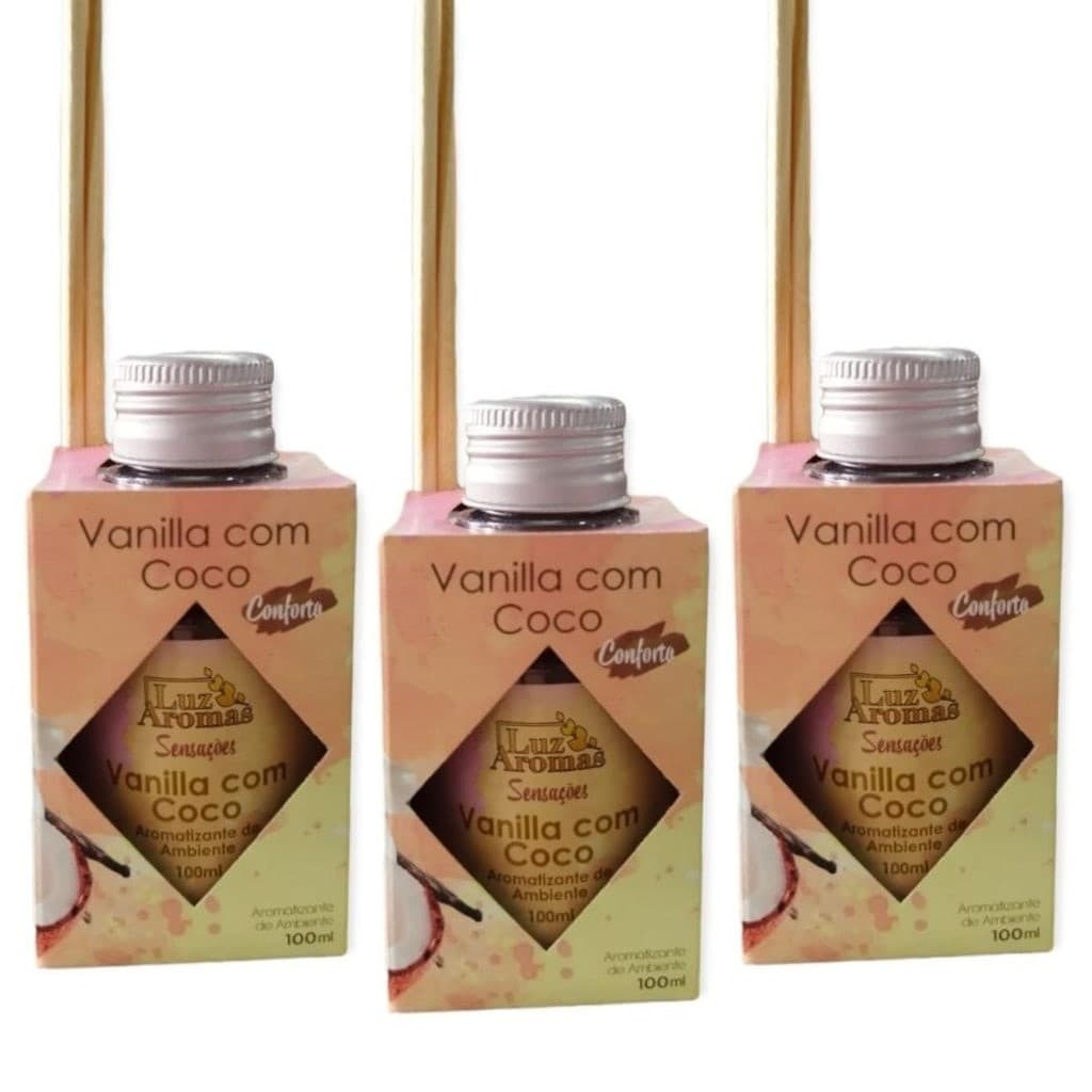 3 Aromatizador Ambiente Vanilla e Coco Difusor Aromas Vareta Perfume Casa 100ml Luz Aroma - Envio Já