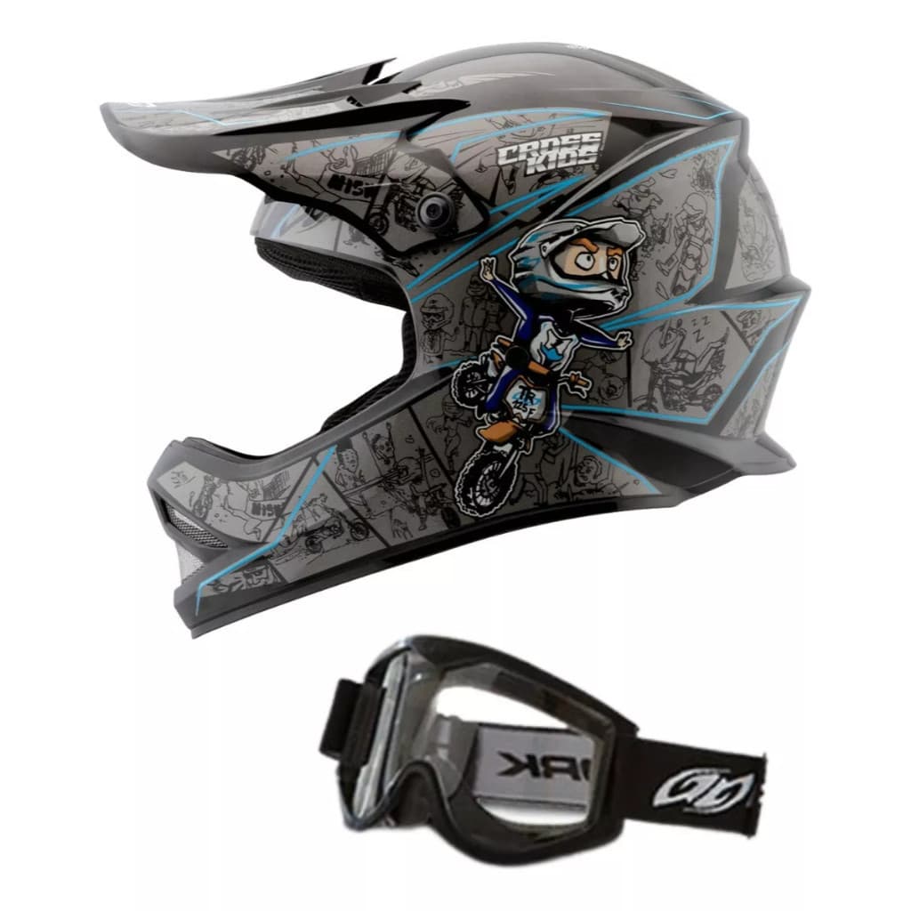 Capacete Aberto Infantil motocross trilha  Kids Criança Ck-01 + óculos 788 Azul/ Preto