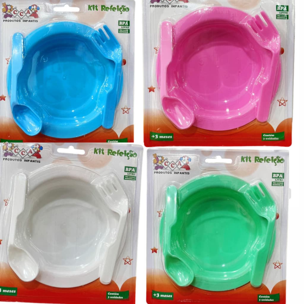 Kit Refeição Infantil 3 Peças Prato Garfo e Colher Autonomia Praticidade Introdução Alimentar Bebê Seguro Livre de BPA