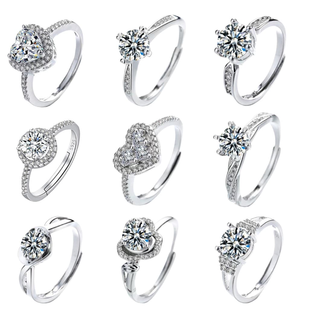 Elegante anel feminino ajustável em prata S925 com diamante aberto