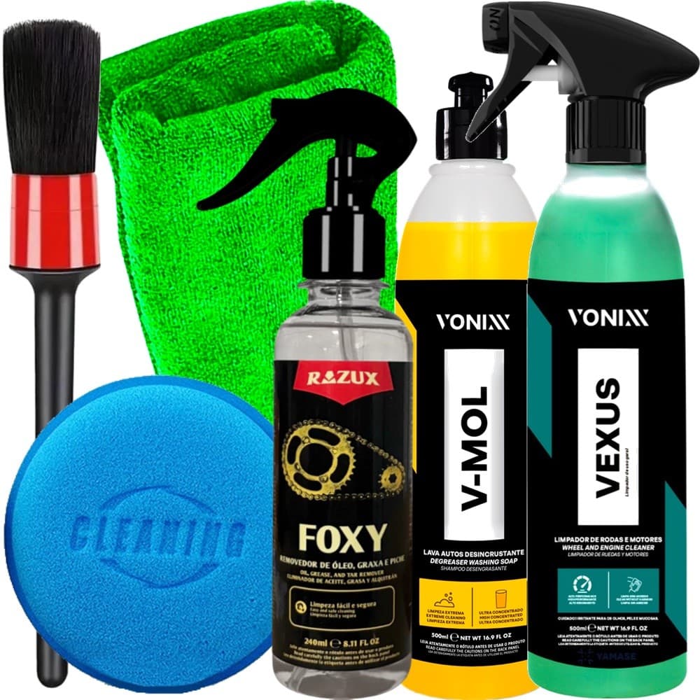 Kit Lavar Moto Lavagem de Motor Limpeza de Corrente Vonixx Vexus V-Mol Foxy Razux Pincel Toalha e Aplicador