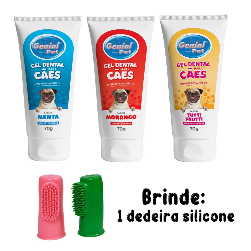 3 Gel Dental Pasta de Dente Pet Escova para Cachorro e Gato Genial Pet (Brinde: 1 Dedeira Silicone)