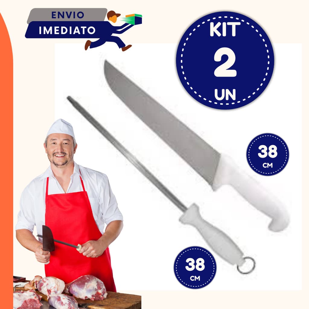 KIT Conjunto 02 un Chaira Profissional Amolador 38CM + Faca Chef 38CM Afiador de Faca Açougueiro Linha Premium Qualidade