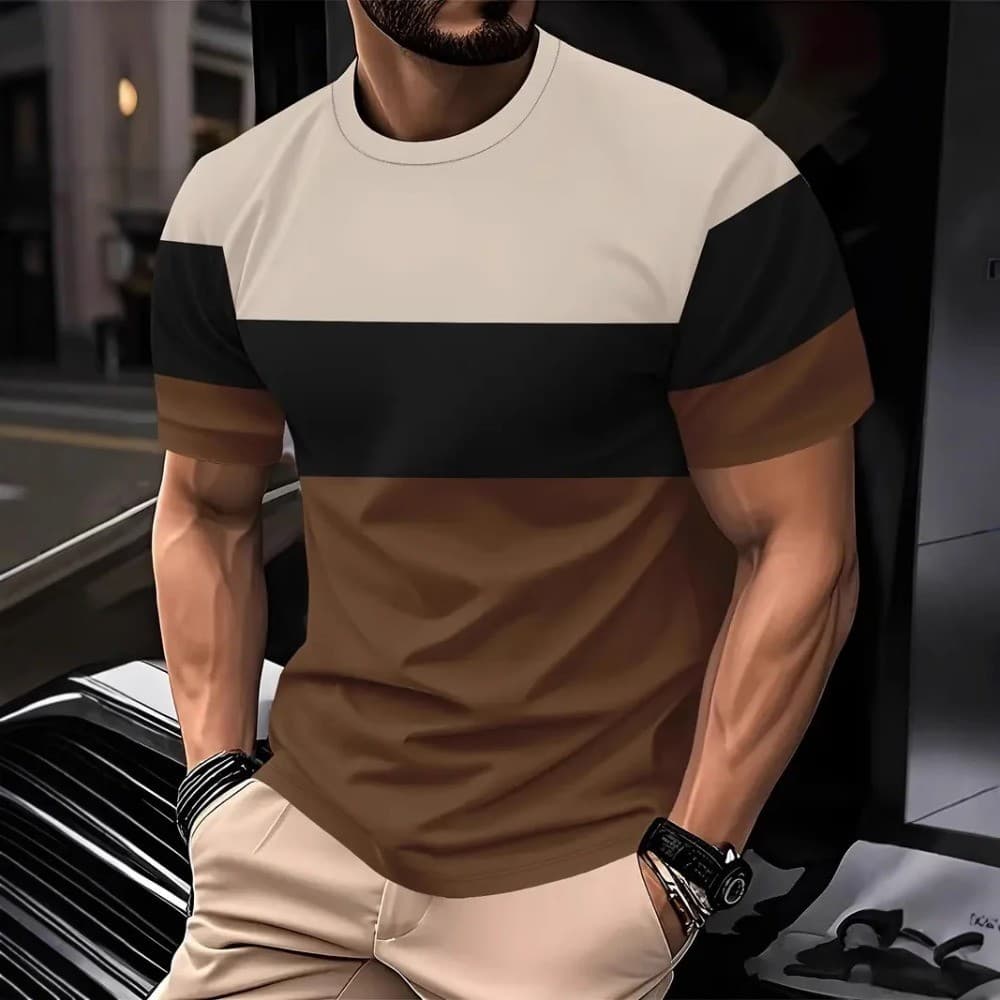 2025 Homens Listrado 3D Camiseta Listras Topo T Masculino Moda Esportes Manga Curta Branco Preto Impressão Digital Camis
