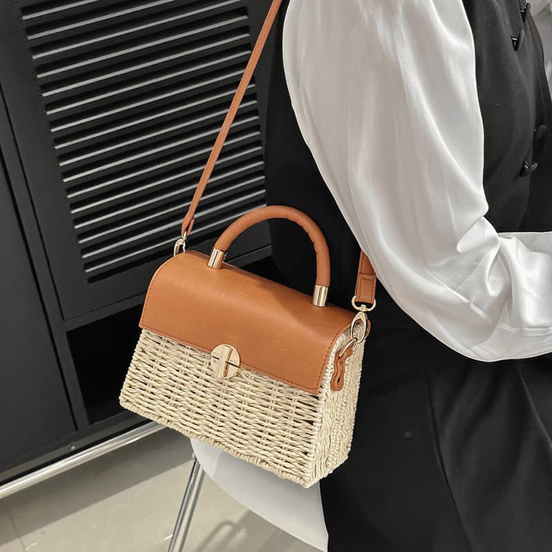 Bolsa de praia quadrada, costura contrastante, bolsa transversal texturizada