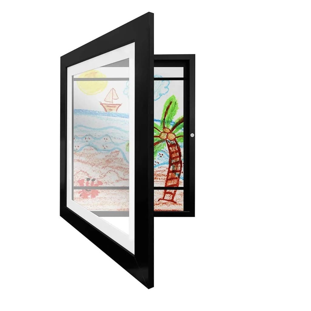 Quadro porta desenhos infantil A4 com moldura de madeira abre e fecha para organizar pinturas artes