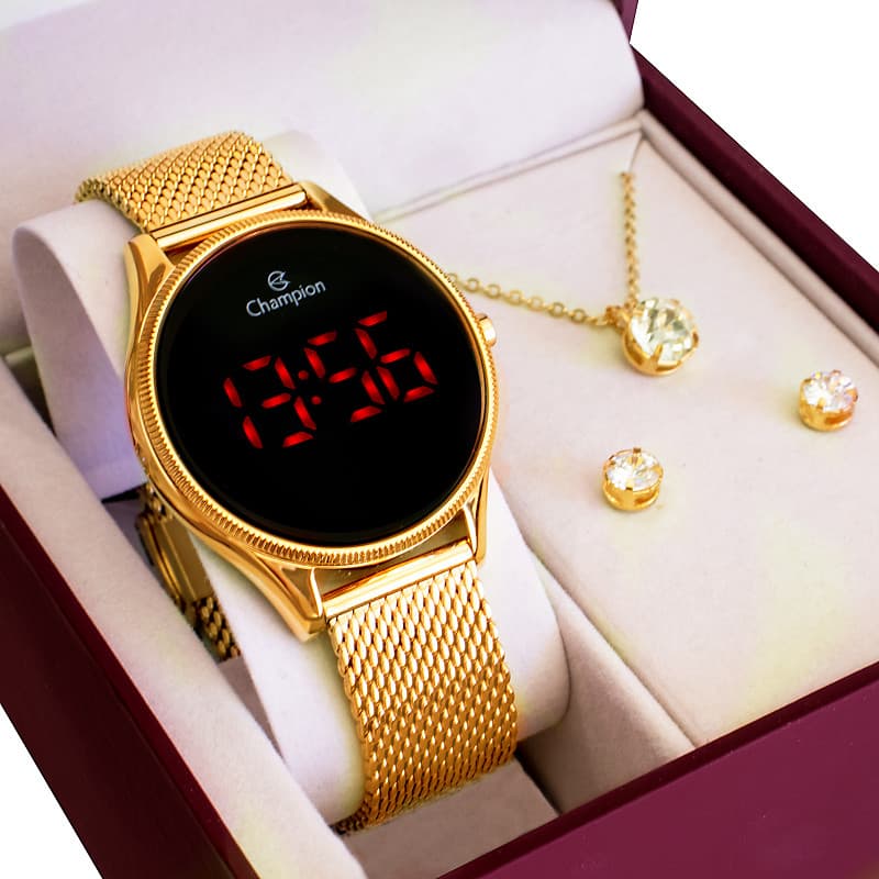 Relógio Champion Feminino Dourado Digital Led Vermelho CH40133V Conjunto Colar e Brinco Feminino