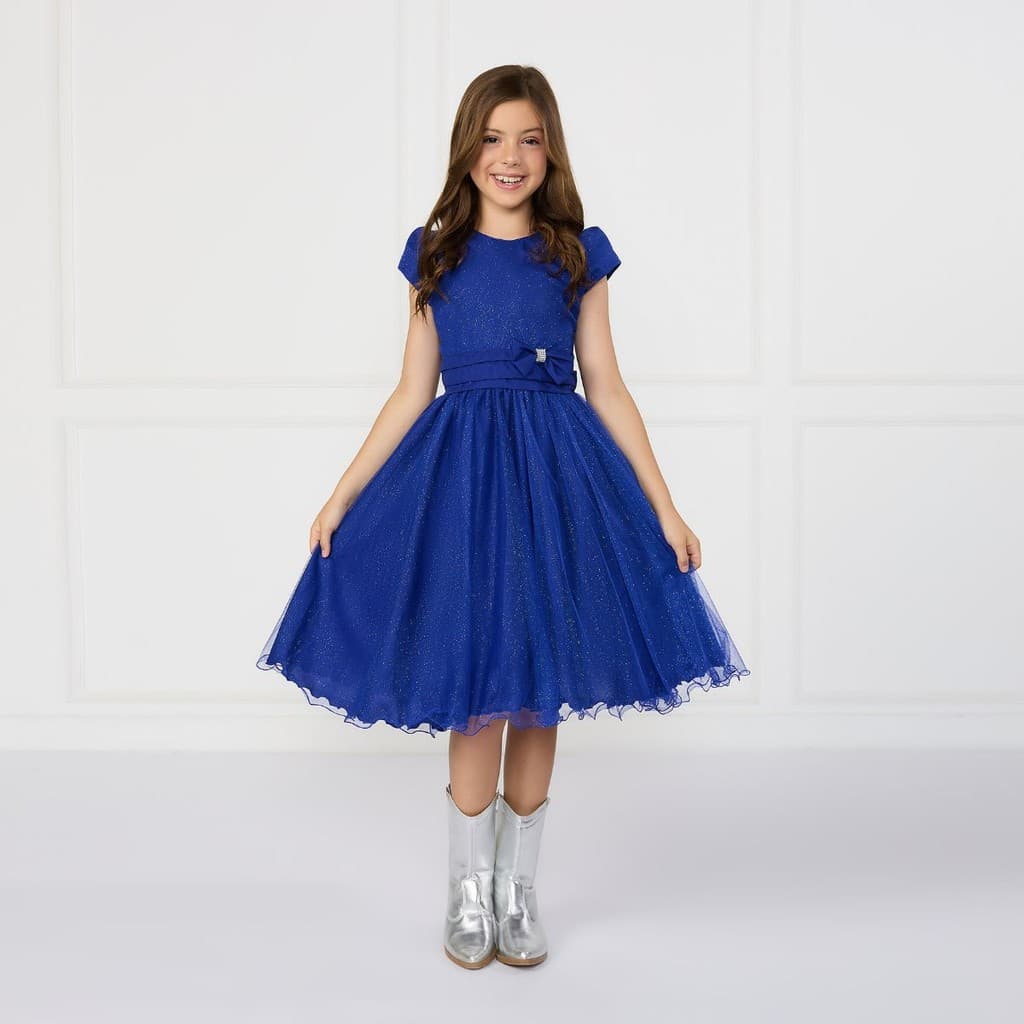Vestido Glitter Nervura Infantil Azul Royal Festa Aniversário Rodado