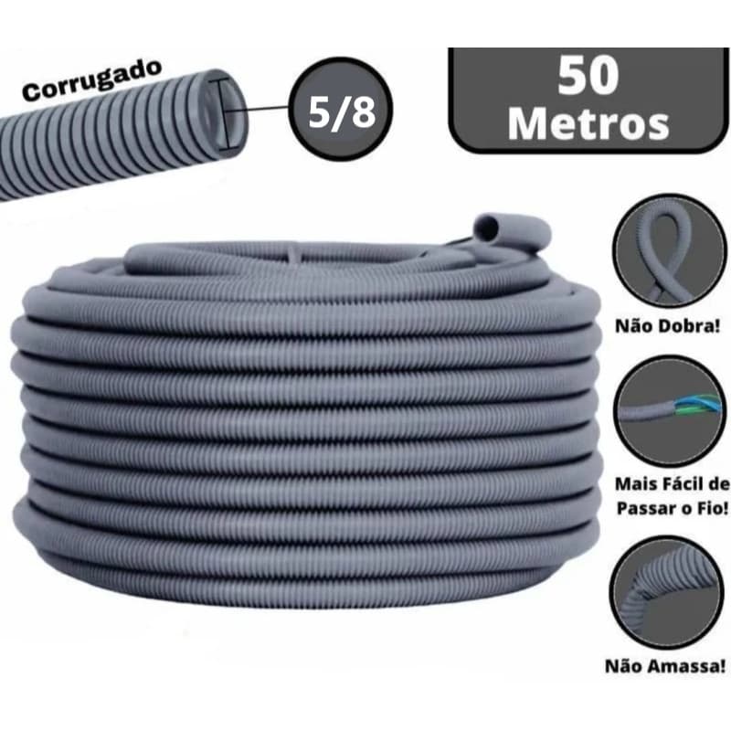 Conduite Corrugado Cinza 5/8 50 Metros Eletroduto PEAD Alta Qualidade