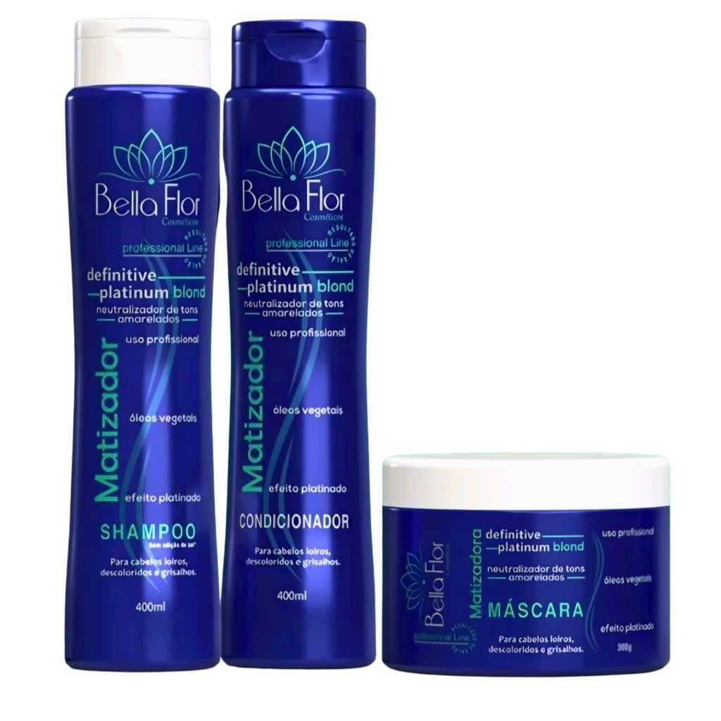 Kit Capilar Matizador Blond Platinum 3 Produtos Shampoo Condicionador Máscara Bella Flor Loiros Matização Profissional