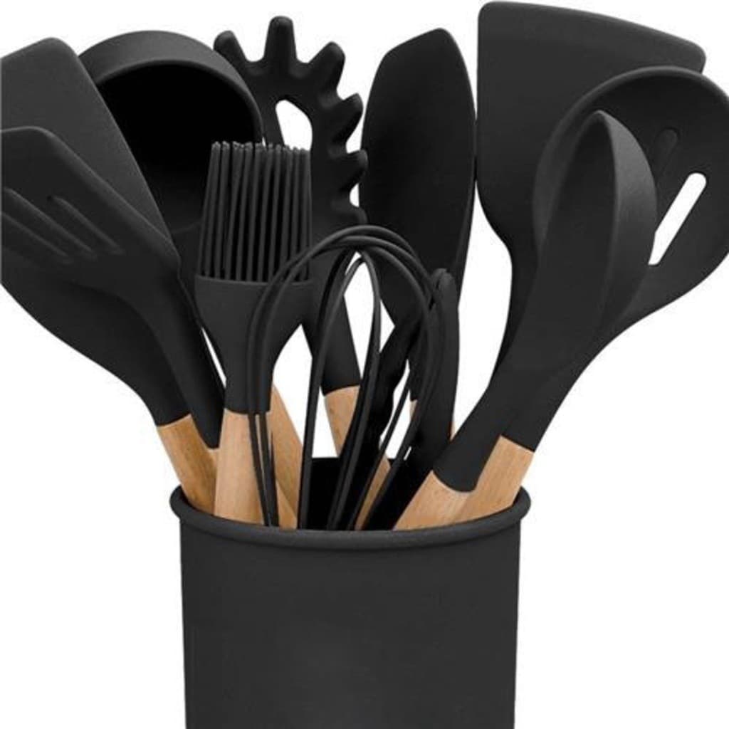 Jogo de Cozinha Kit C/12 Peças de Silicone, Utensílios e Copo Suporte para Cozinha Cabo de Madeira