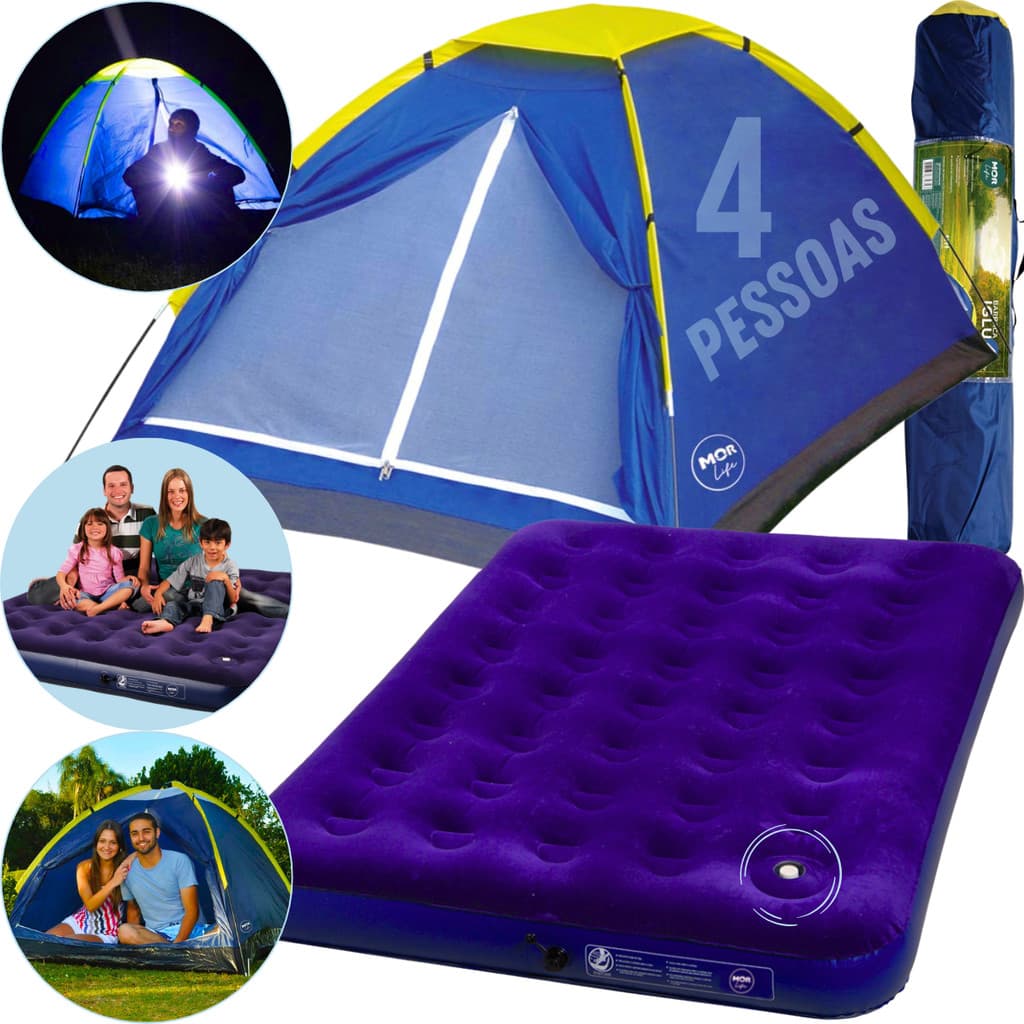Kit Barraca Camping 4 Pessoas Iglu + Colchão Inflável Casal MOR Acampamento