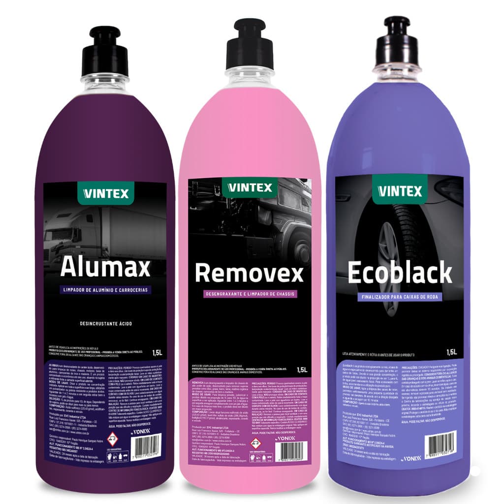 KIT LIMPEZA DE CHASSIS FINALIZADOR DE CAIXAS DE RODAS ALUMAX REMOVEX ECOBLACK 1,5L VINTEX VONIXX