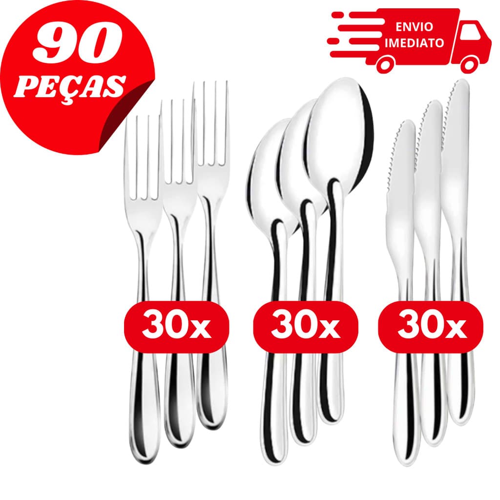 Jogo de Talheres Inox 90 Peças 30 Garfos 30 Facas 30 Colheres