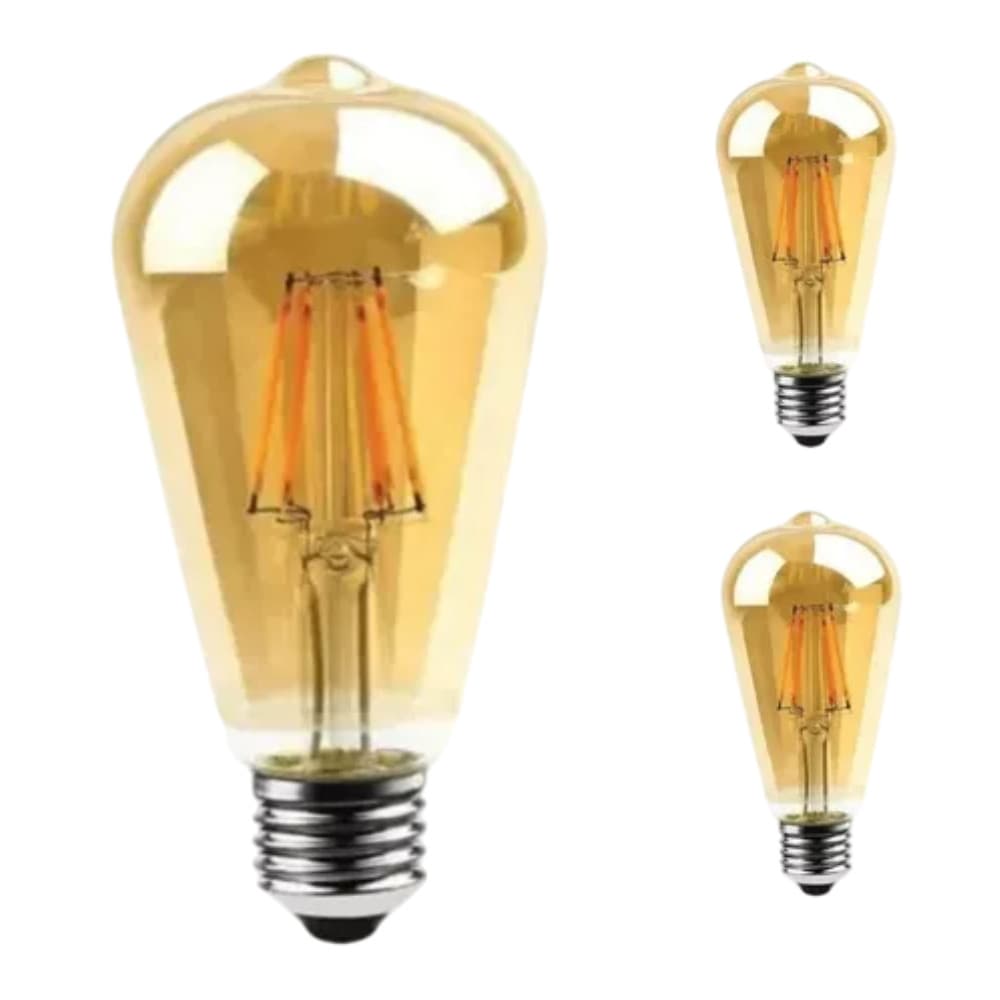 Kit 3 Lâmpadas de Filamento Ambar Led ST64 Bivolt 2700K