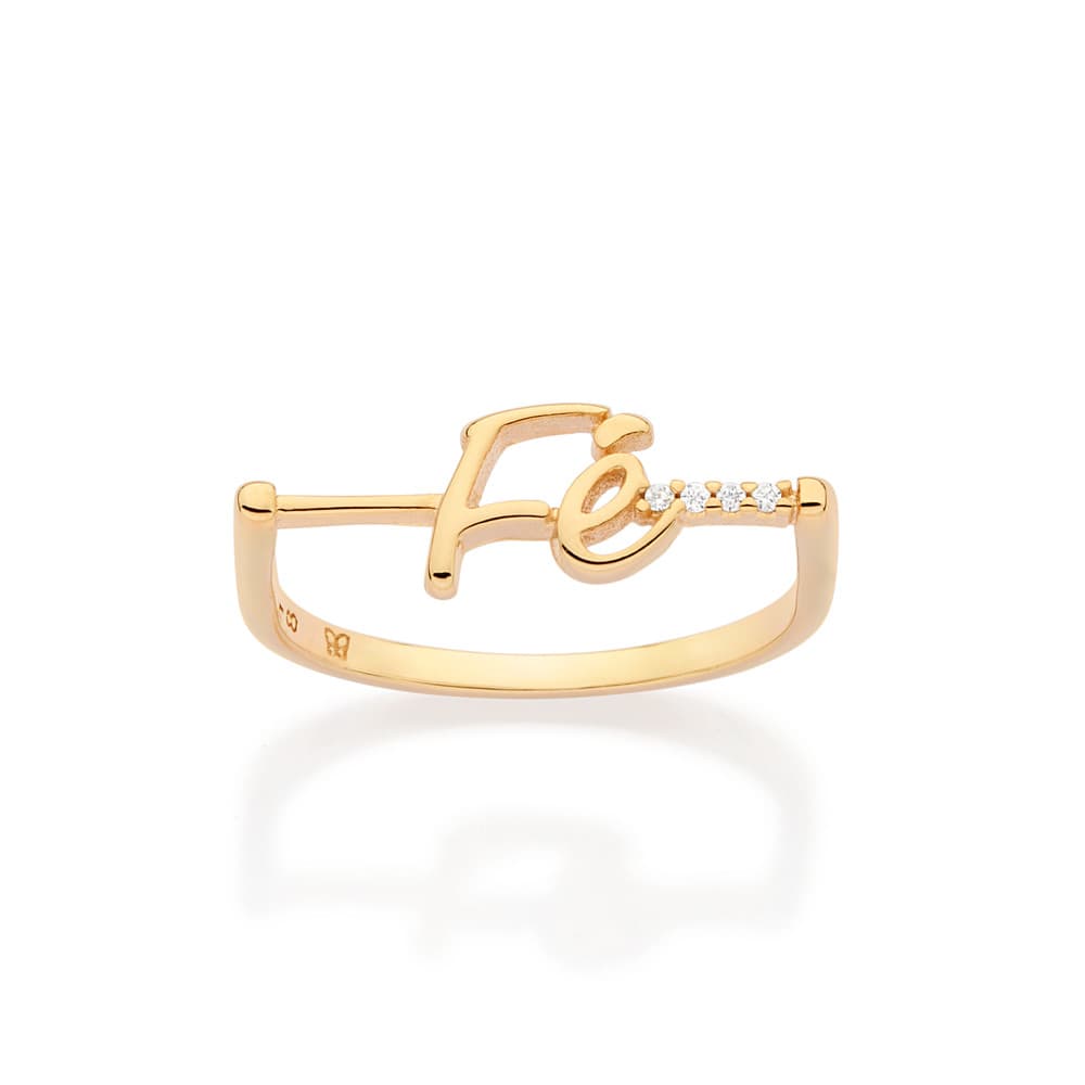 Anel Skinny Rommanel Fé Com Zircônias Banhado a Ouro 18k - 513557 Original Original