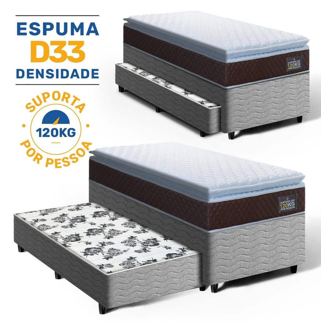 Cama Box com Colchão de Espuma D33 Pillow Top Comfort Luxo + Auxiliar de Espuma Unique Solteiro 88cm