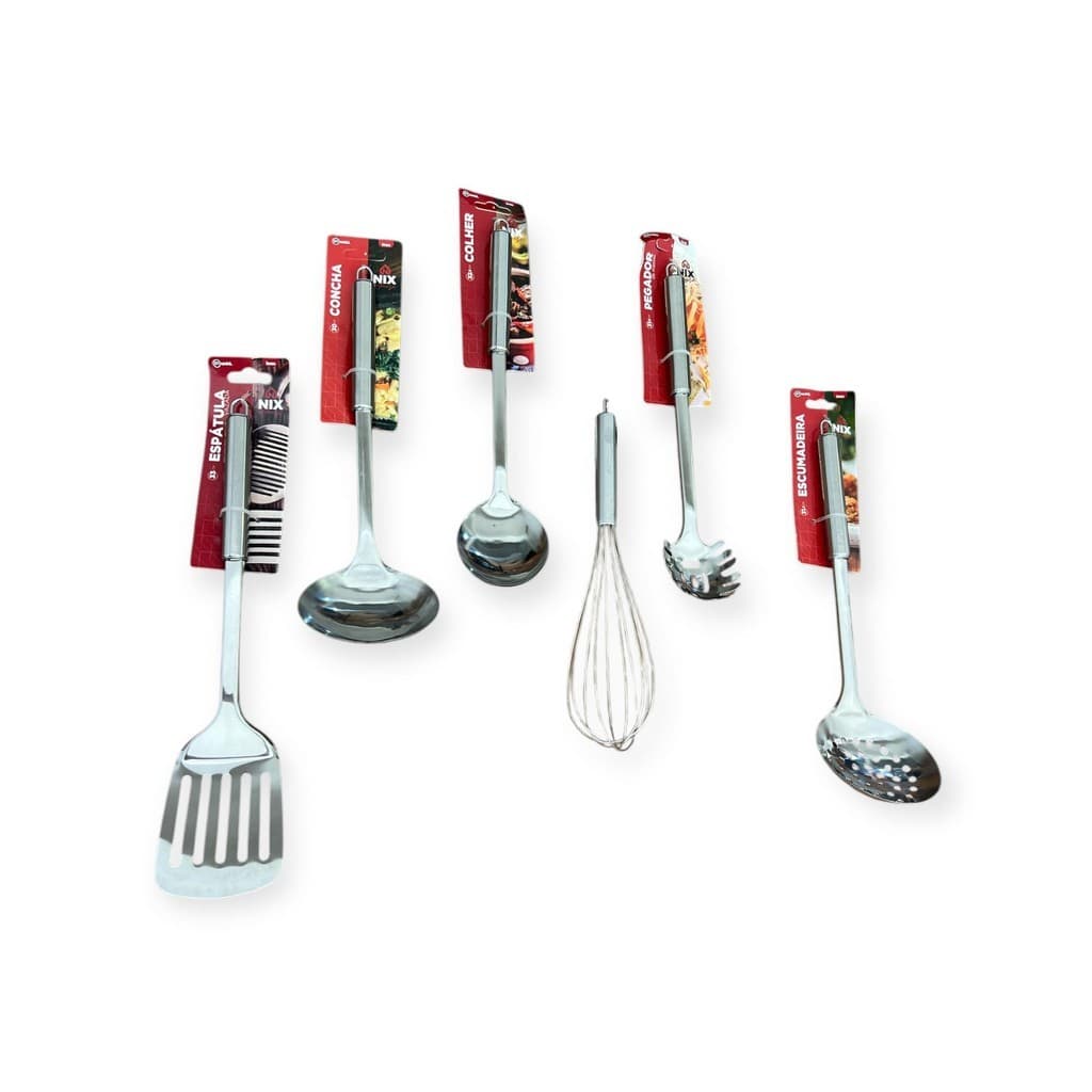 Kit 6 Utensílios de Cozinha em Aço inox  Espátula vazada, Concha funda Colher de servir Escumadeira Fouet