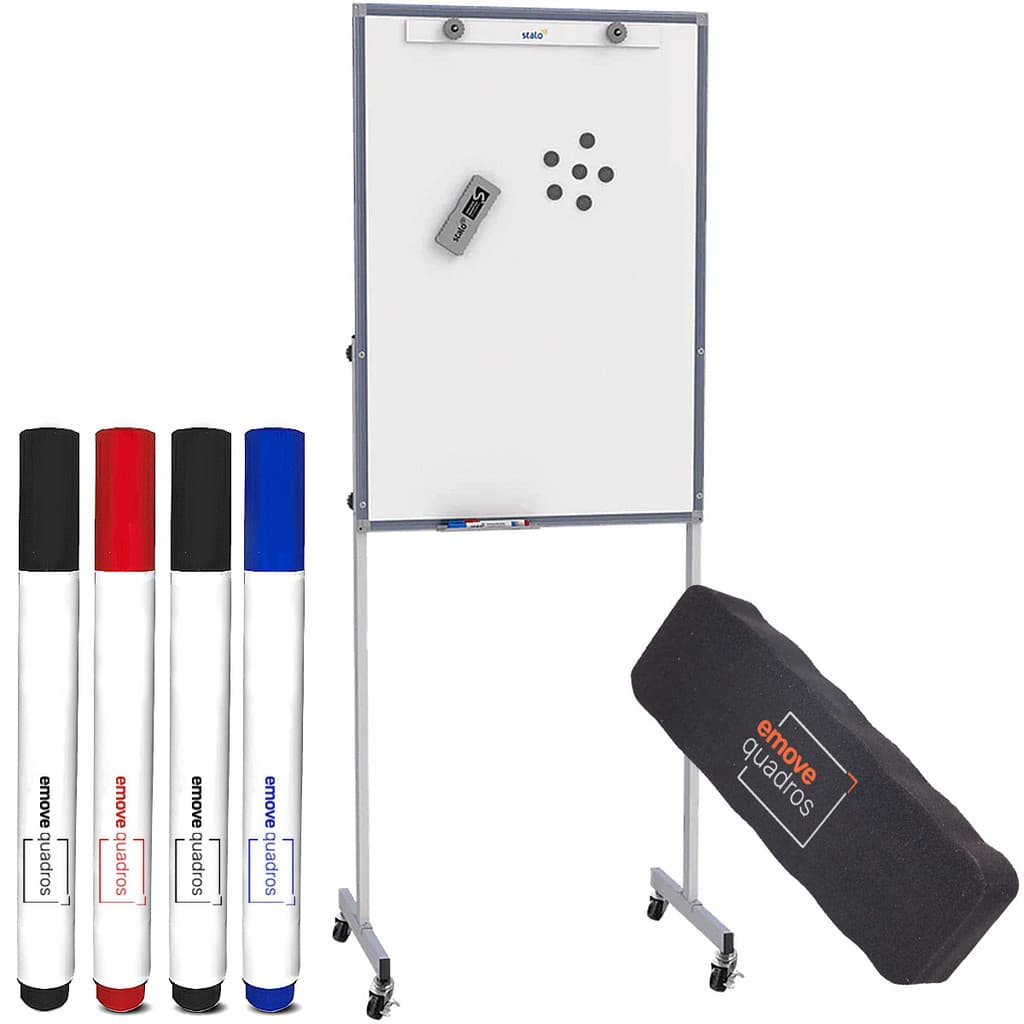 Cavalete Flip Chart Quadro Branco 100x70cm Lousa Magnética Escritório C/ Rodas Rodízios + 4 Canetas