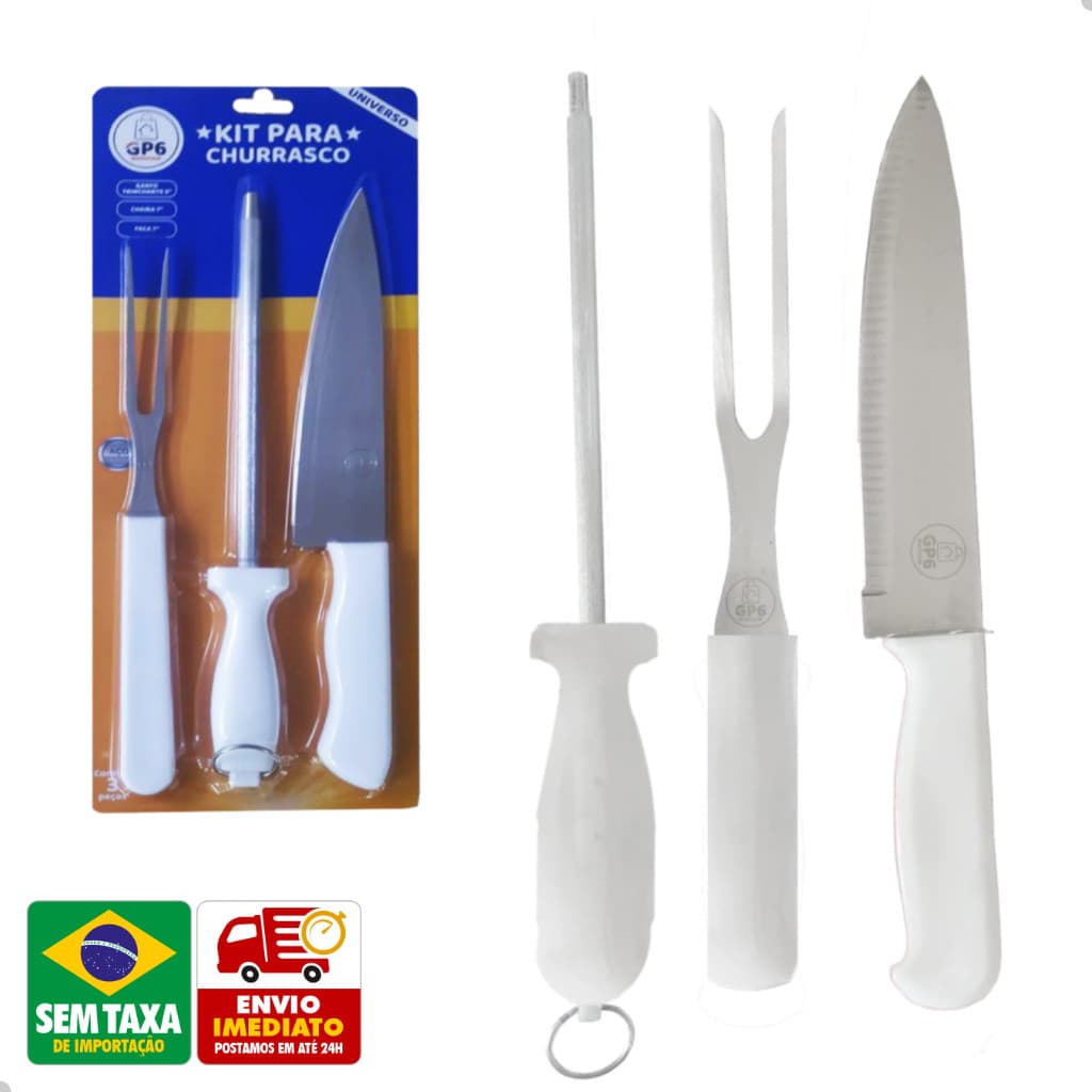 Kit Churrasco Aço Inox Metal com Cabo Plástico Faca 8'' Garfo Amolador Branco GP2035