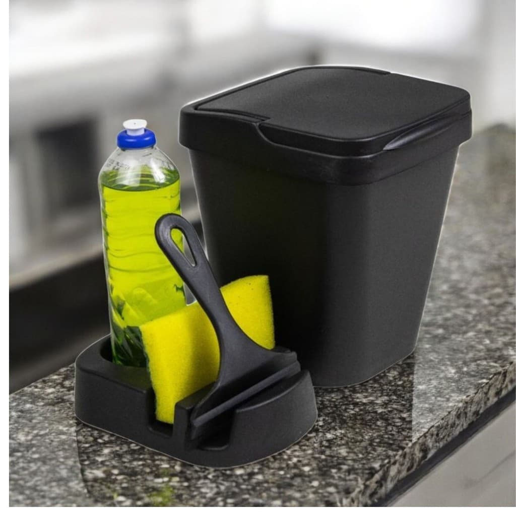 Kit Pia Elegance Lixeira 4,8 litros + Porta Detergente + Rodo de Pia
