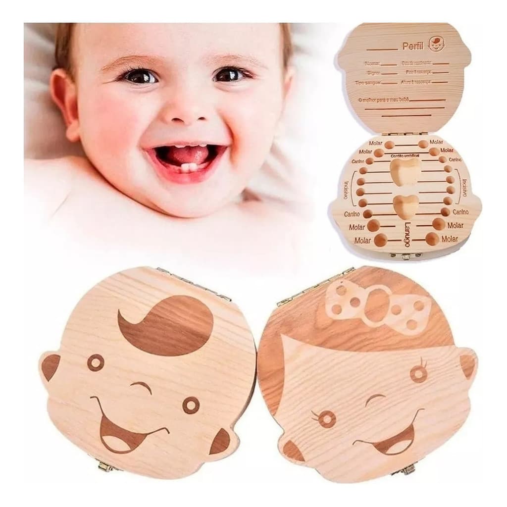 Porta Dente de Leite Infantil Madeira Estojo Dental Recordação Bebê Menino Menina com Perfil