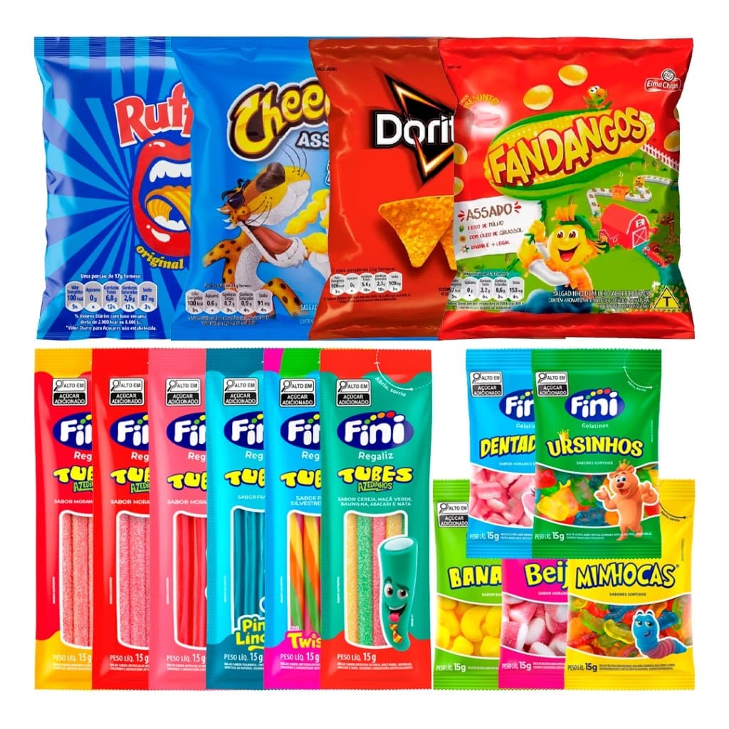 50 Salgadinhos Elma Chips + 50 Pacotes Bala Fini
