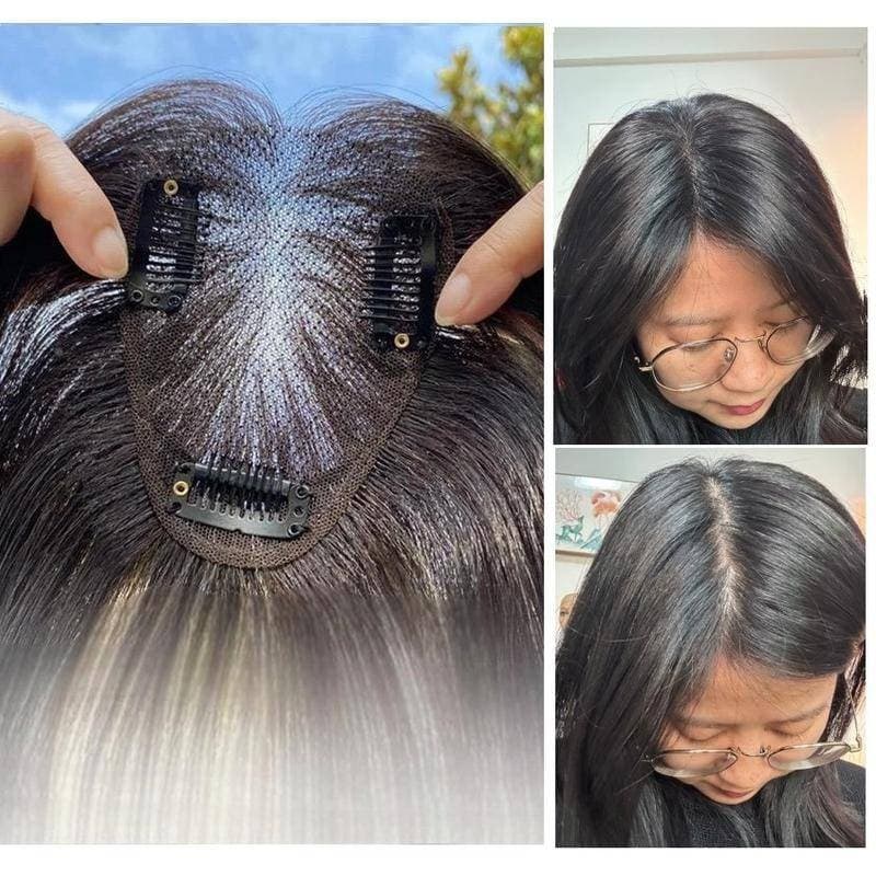 Artigo decorativo Topo Topper de cabelo humano 7x10cm base leve fina renda frontal invisível aplique com tic‑tac 27cm