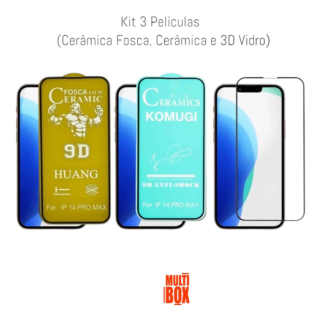 Kit Película de Cerâmica Fosca + Película 3D de Vidro + Película Cerâmica Para Iphone 14 Pro Max