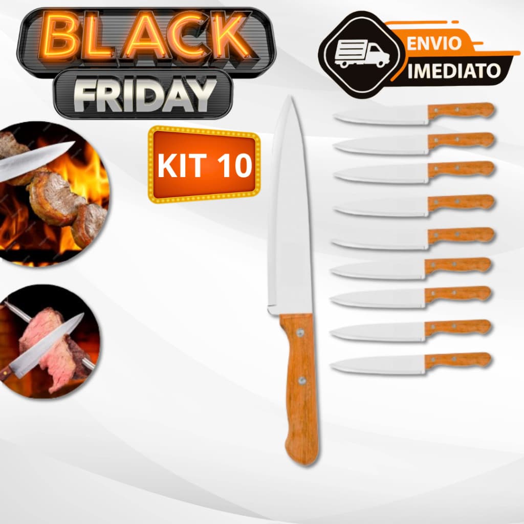 Kit 10 Faca De Cozinha Inox Profissional 7 Do Chef Cabo Madeira 30,1CM