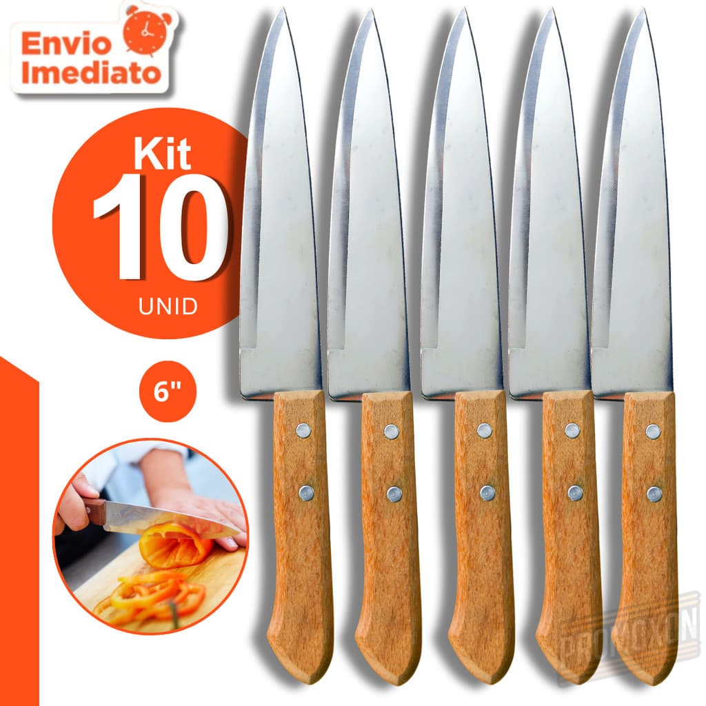 Faca de Cozinha Aço Inox 6" Cabo de Madeira Kit 10 peças Corte Preciso Uso Diário Churrasco