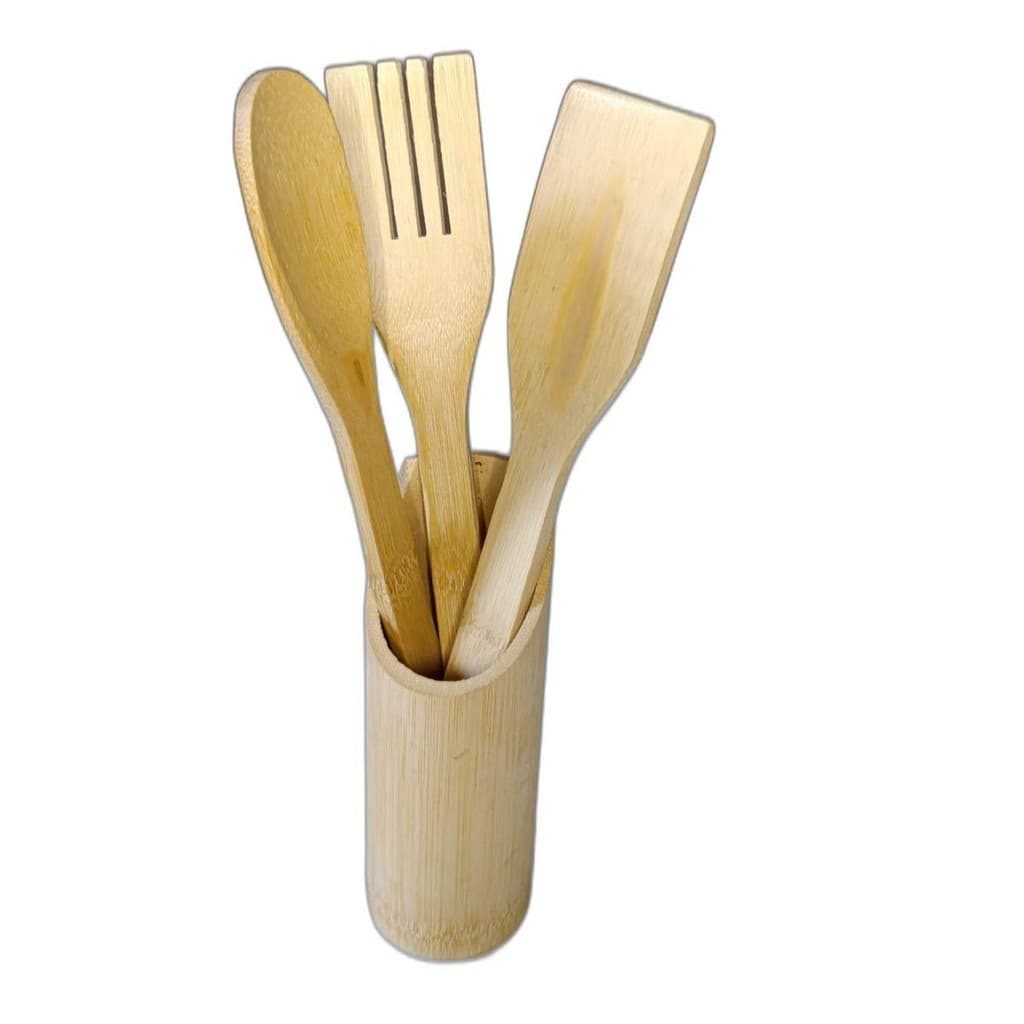 Kit Colher de Pau Utensílios de Cozinha em Bambu 3 Peças e Suporte