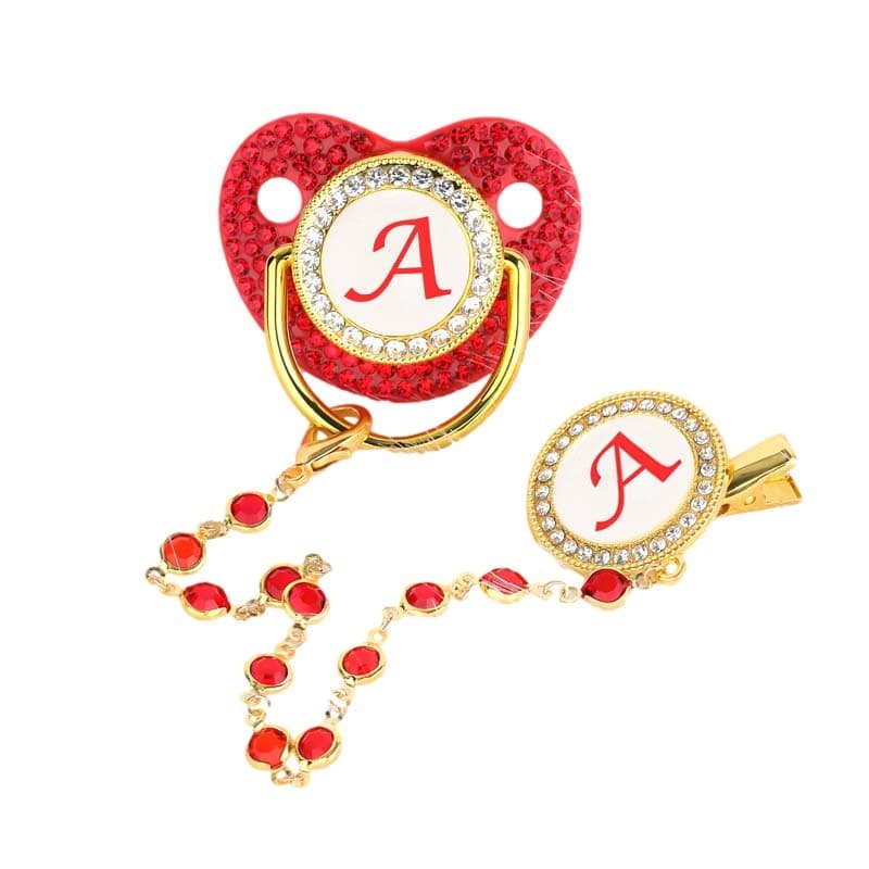 Clipe De Chupeta De Bebê De Luxo Com Zircônia Vermelha , 26 Letras , Suporte Personalizado Para Recém-Nascidos , Silicon