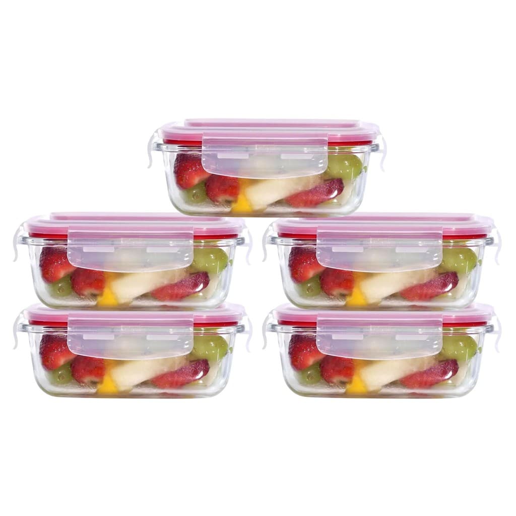 Kit 5 Pote Hermético Vidro Marmita Mantimentos Refratário Forno C/ Tampa Travas 370ml