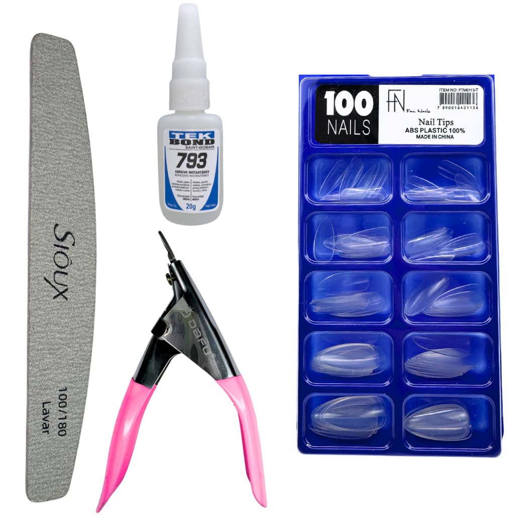 Kit Alongamento de Unha - Alicate + Unha amendoada transparente + Tekbond + Lixa