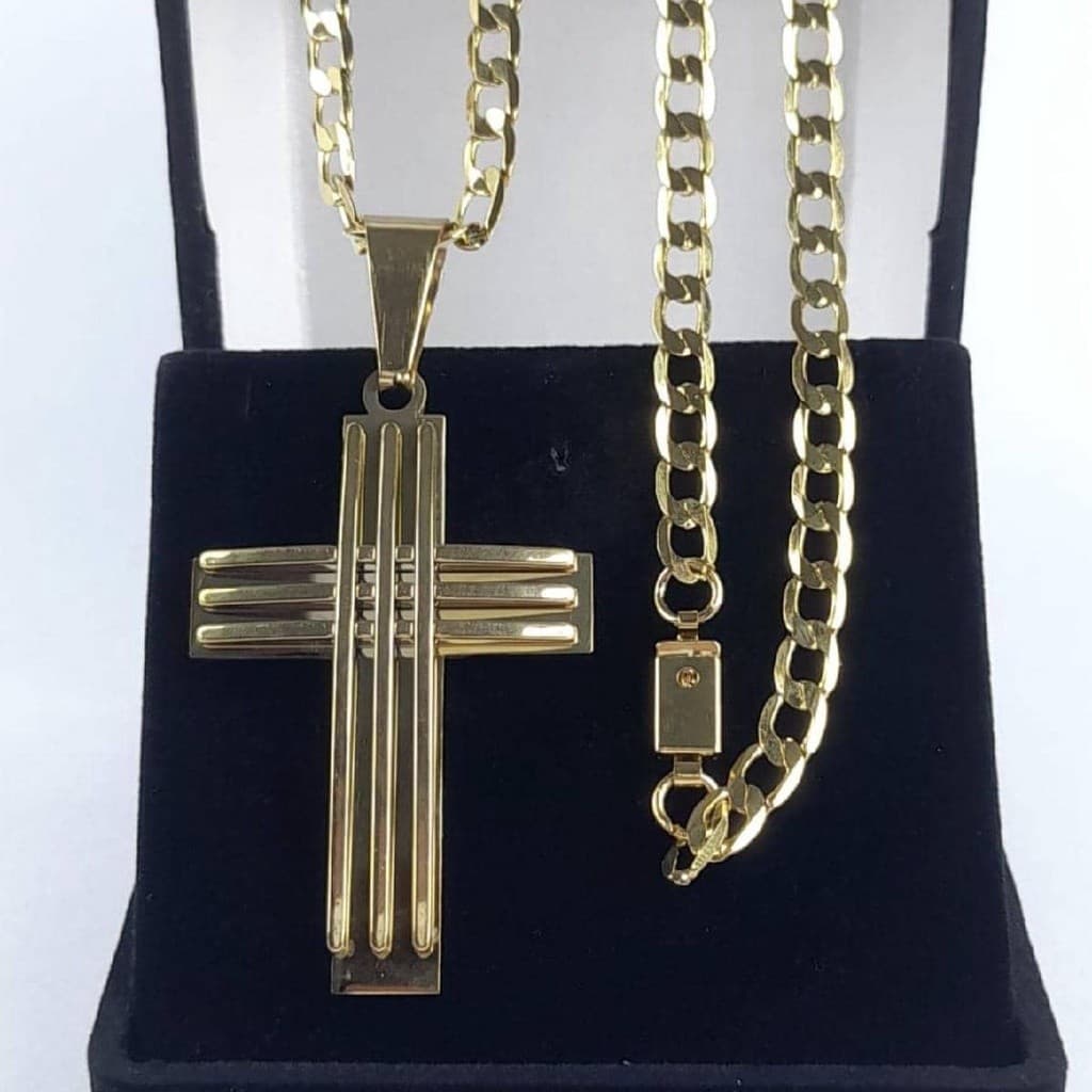 Cordão de 8mm 60cm Com Pingente Cruz Três Linhas Aço Inox