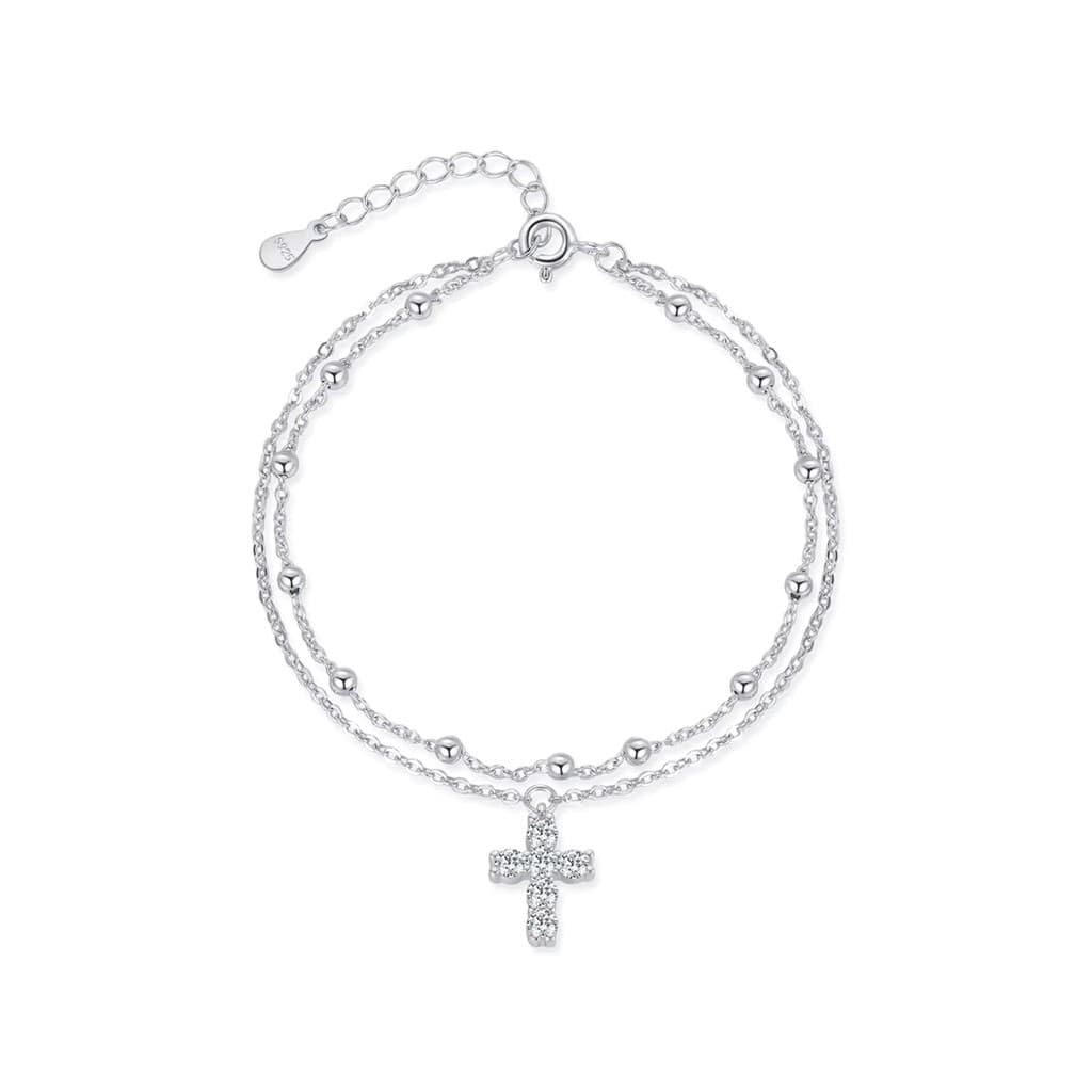 Pulseira EK Crucifixo dupla camada Prata S925 e pedra de zircônia