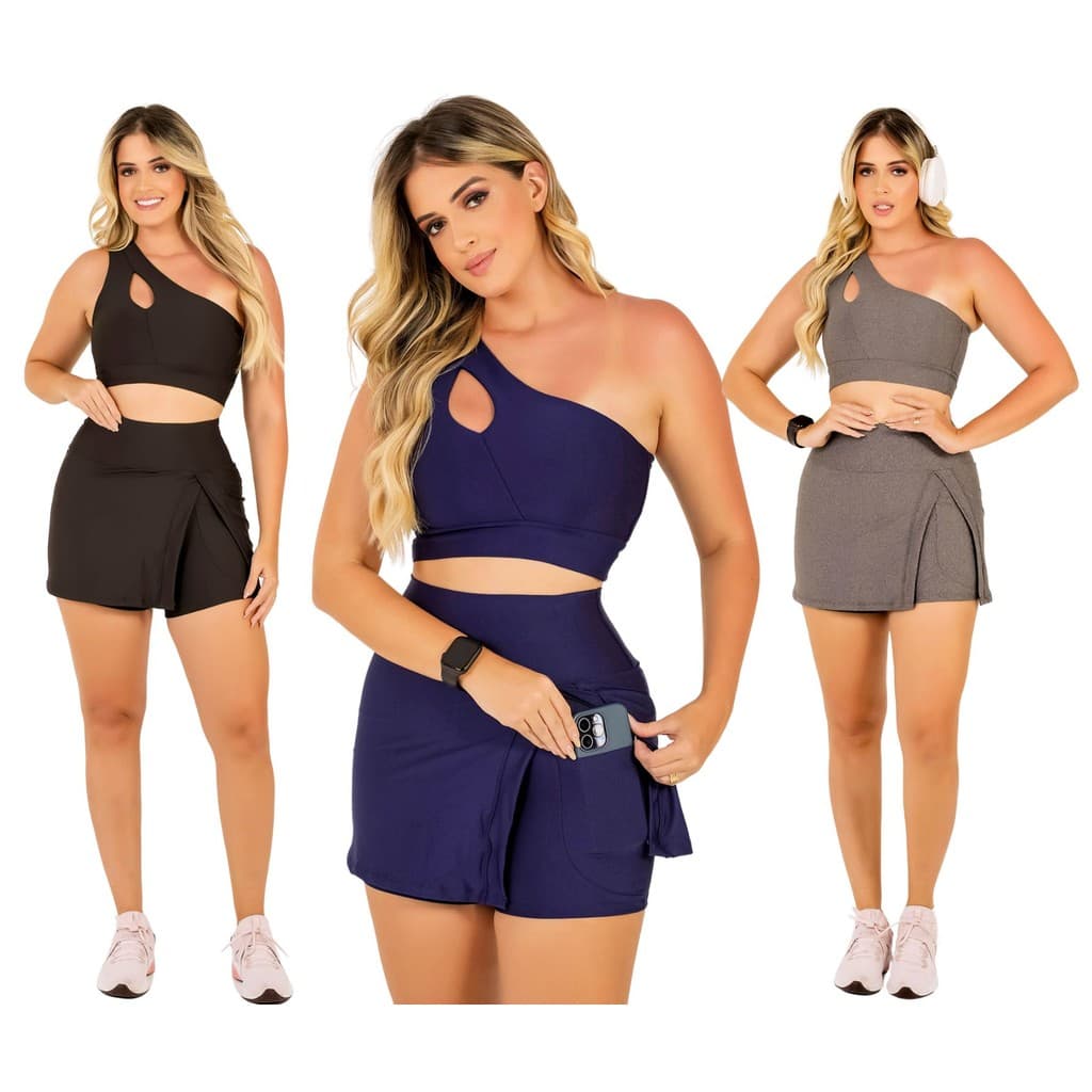 Kit 3 Conjuntos Short Saia e Top Cropped Feminino Fitness Moda Evangélica Academia Ginástica Musculação The Start