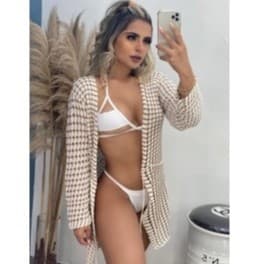 Saida de Praia Longo Tricô Marfim Cardigan Aberto Tricot - SR00192
