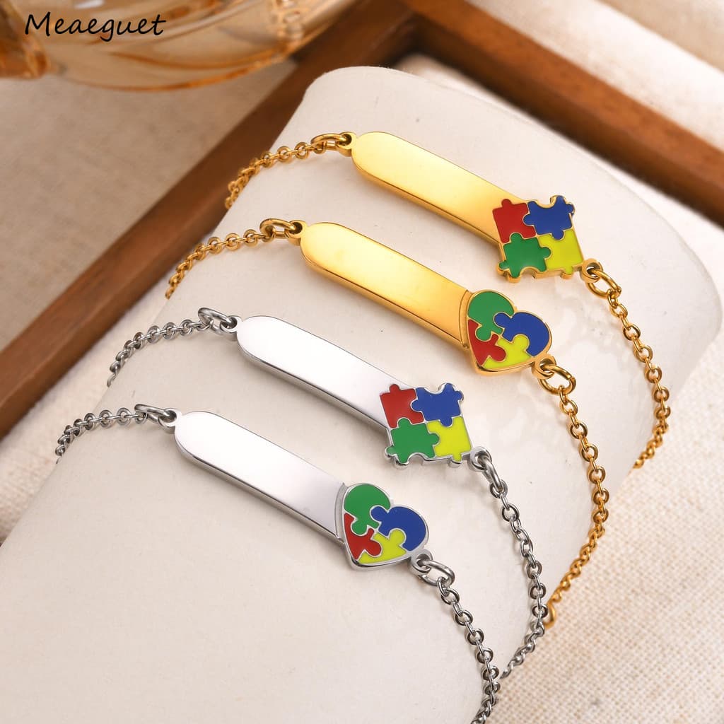 Pulseiras Personalizadas Meaeguet Para Crianças Autistas , Bebês Amor/Quebra-Cabeça , Joias De Ouro/Prata Em Aço Inoxidá