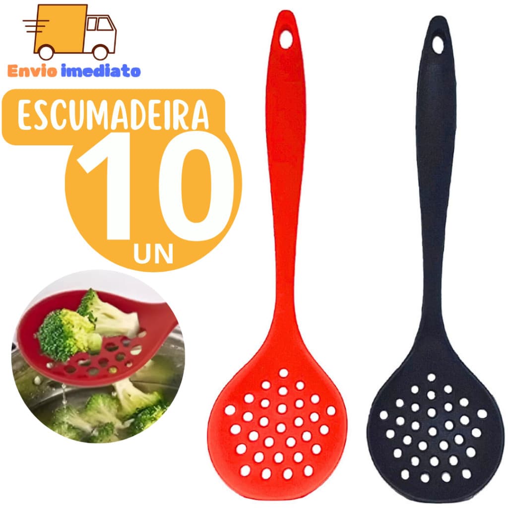 Kit 10 Escumadeira de Silicone  para Arroz Colher Vazada Furada Escumadeira Utensilio Cozinha Casa Restaurante