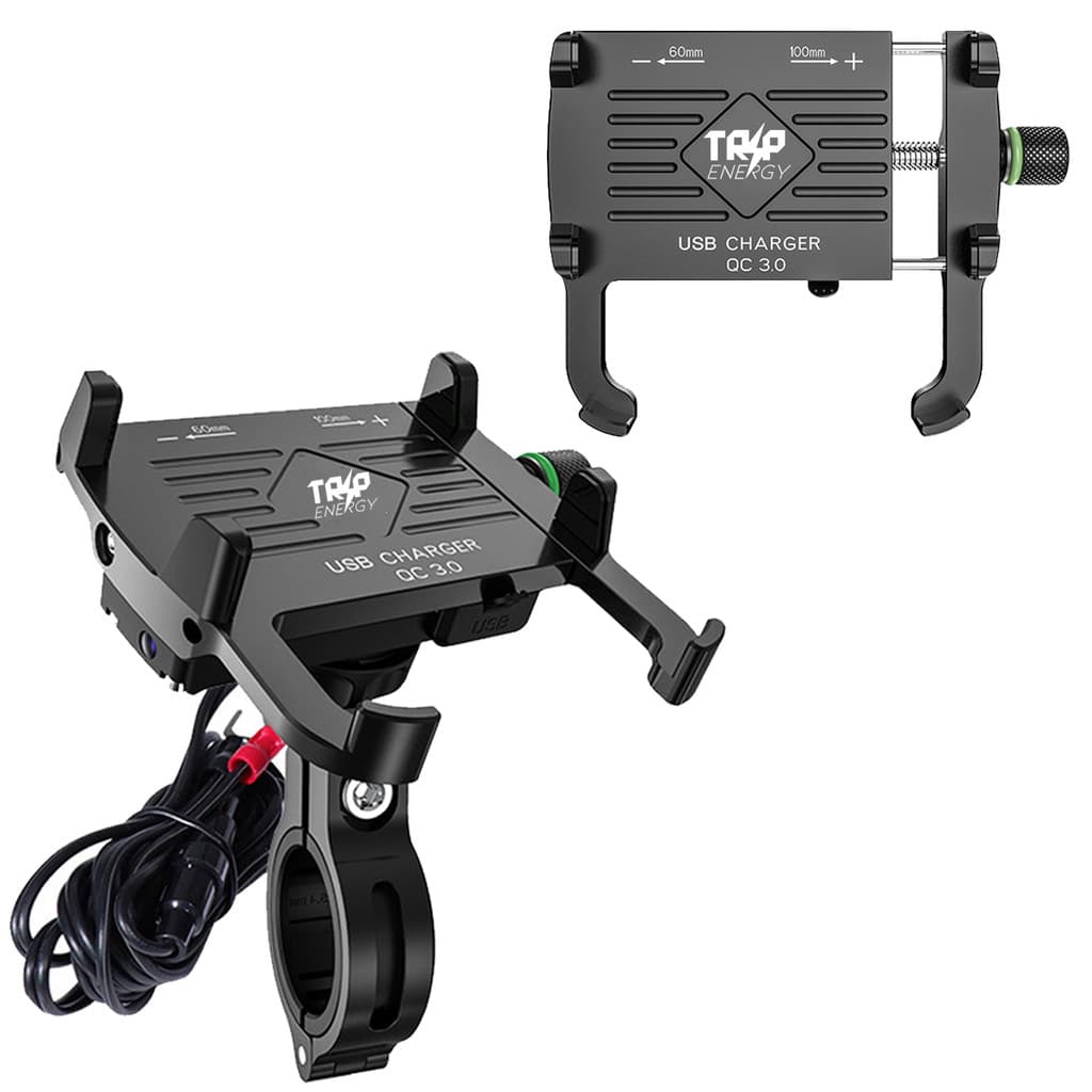 Suporte Celular Moto Alumínio com Carregador USB QC 3.0 Travamento Seguro Compatível com Smartphones 4-6"