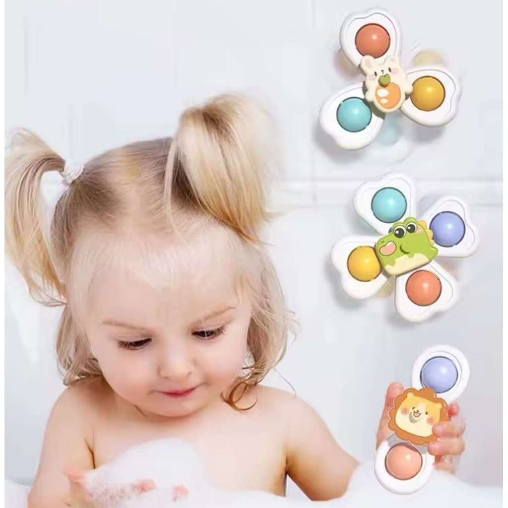 Kit 3 Brinquedo Infantil Chocalho Giratório Spinner Com Ventosa Brinquedos para bebê Banho