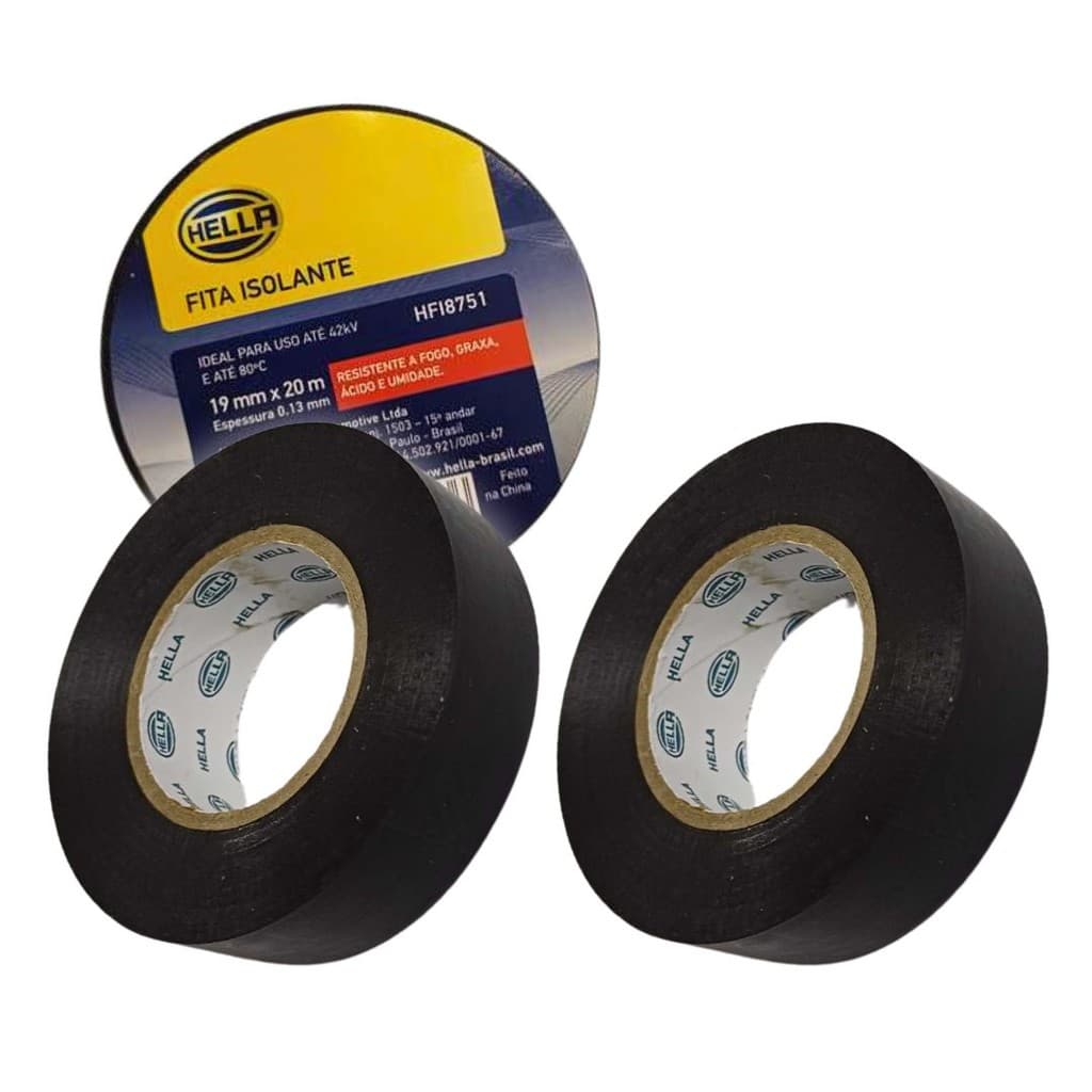 Kit 2 Fita Isolante 20 Metros 19mm Resistente Fogo Graxa Umidade Fita Isolante 20m 19mm Fita Isolante Preta Hella