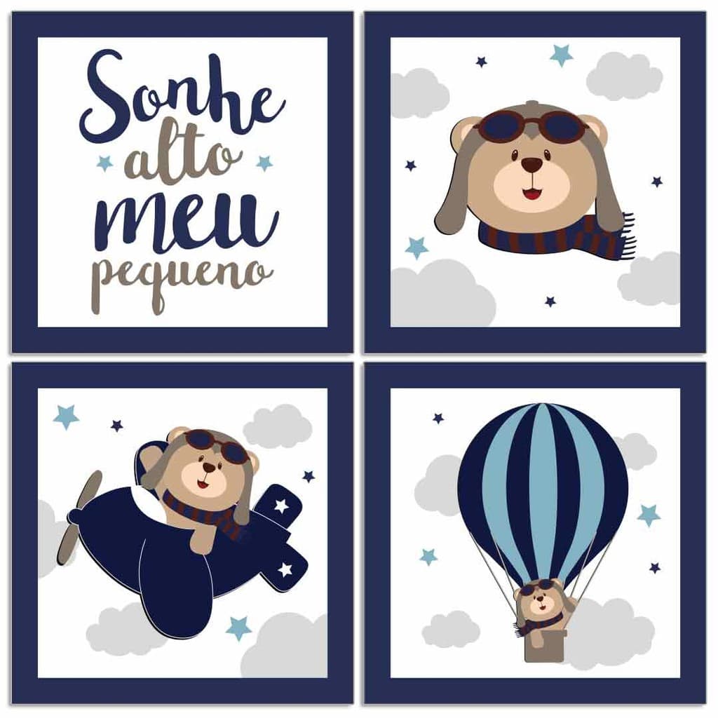 4 Placas Decorativas MDF Urso Aviador