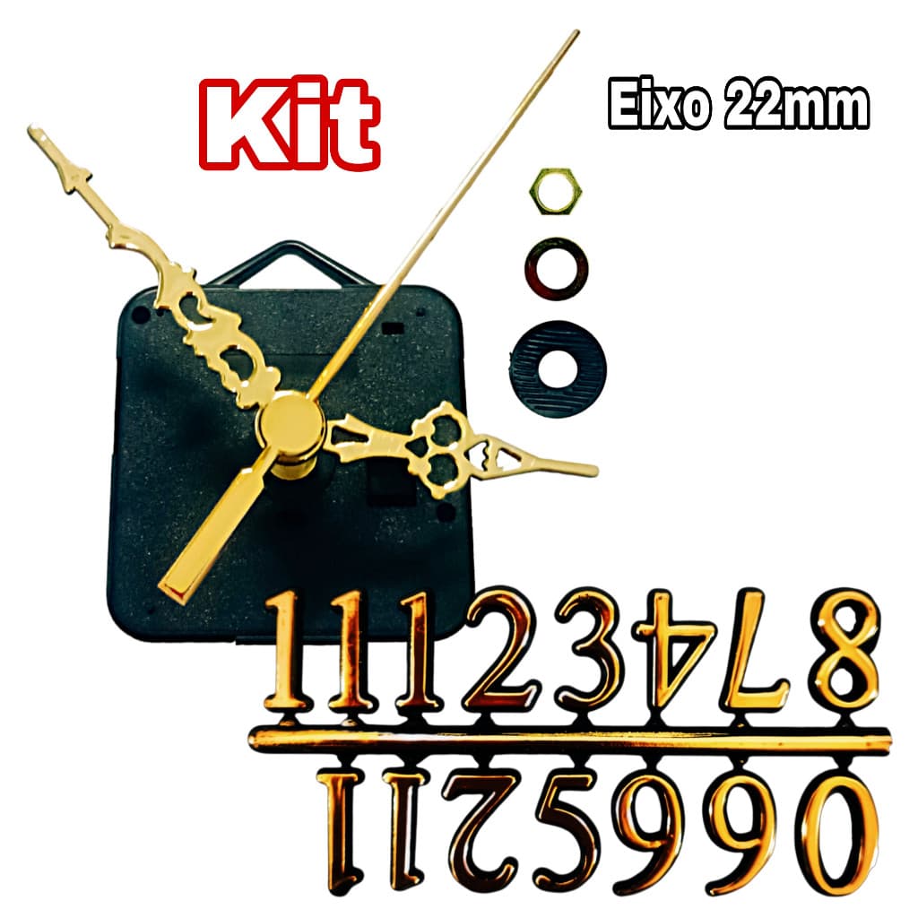 Kit Maquina Para Montar Relógio De Parede Eixo 22mm Quartz + Numeros E Ponteiro Colonial Dourado