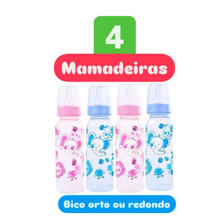kit 4 Mamadeiras Bico de Silicone Orto ou Redondo azul e rosa
