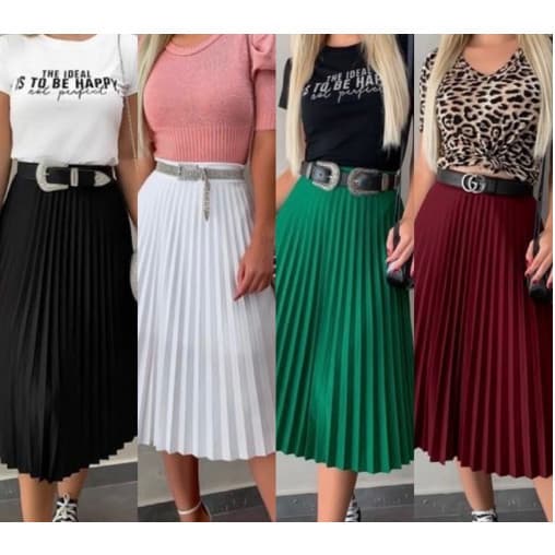 Saia Plissada Midi Feminina Com Forro Lisa - Evangelica