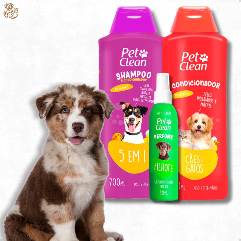 Kit Banho Higiene Shampoo 5 em 1 + Condicionador + Perfume Pet Shop para Cachorro e Gato Pet Clean