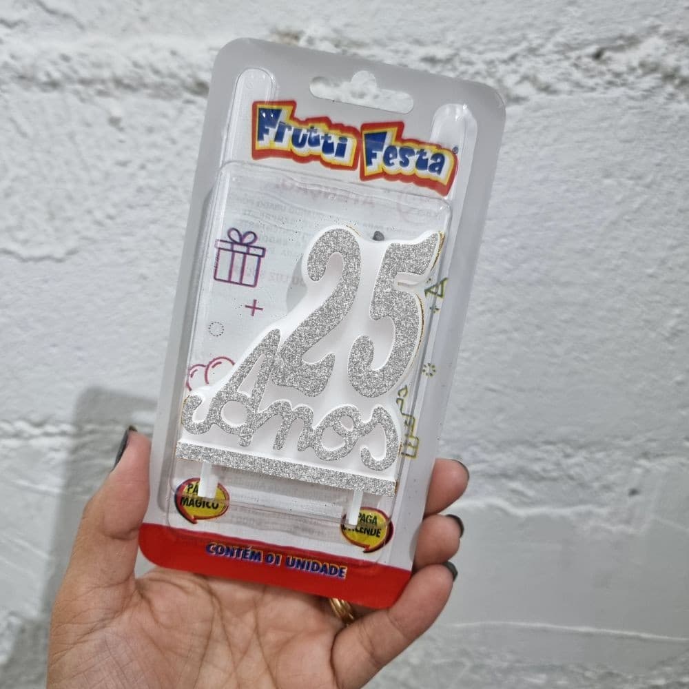 VELA DE ANIVERSÁRIO 25 ANOS COM GLITER PRATA
